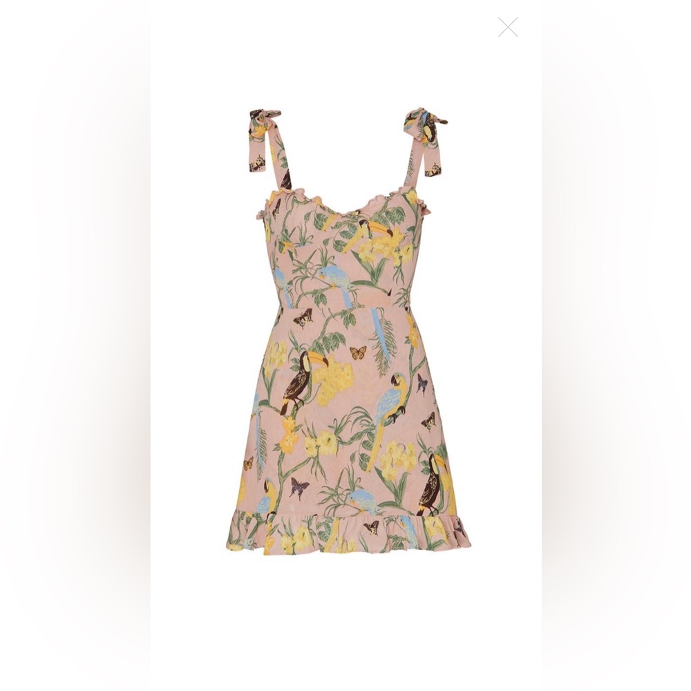 Reformation Christine Conga Blush Toucan Tropical Mini Dress Sz 6, fits like 0/2